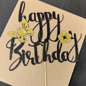 Black and Gold Happy Birthday Cake Topper